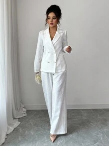 SHEIN Tall 女士优雅通勤白色提花面料缺口领双排扣装饰西装外套，长袖修身夹克+女士优雅通勤白色提花面料松紧腰长直筒裤 - 白色 - 查看 6