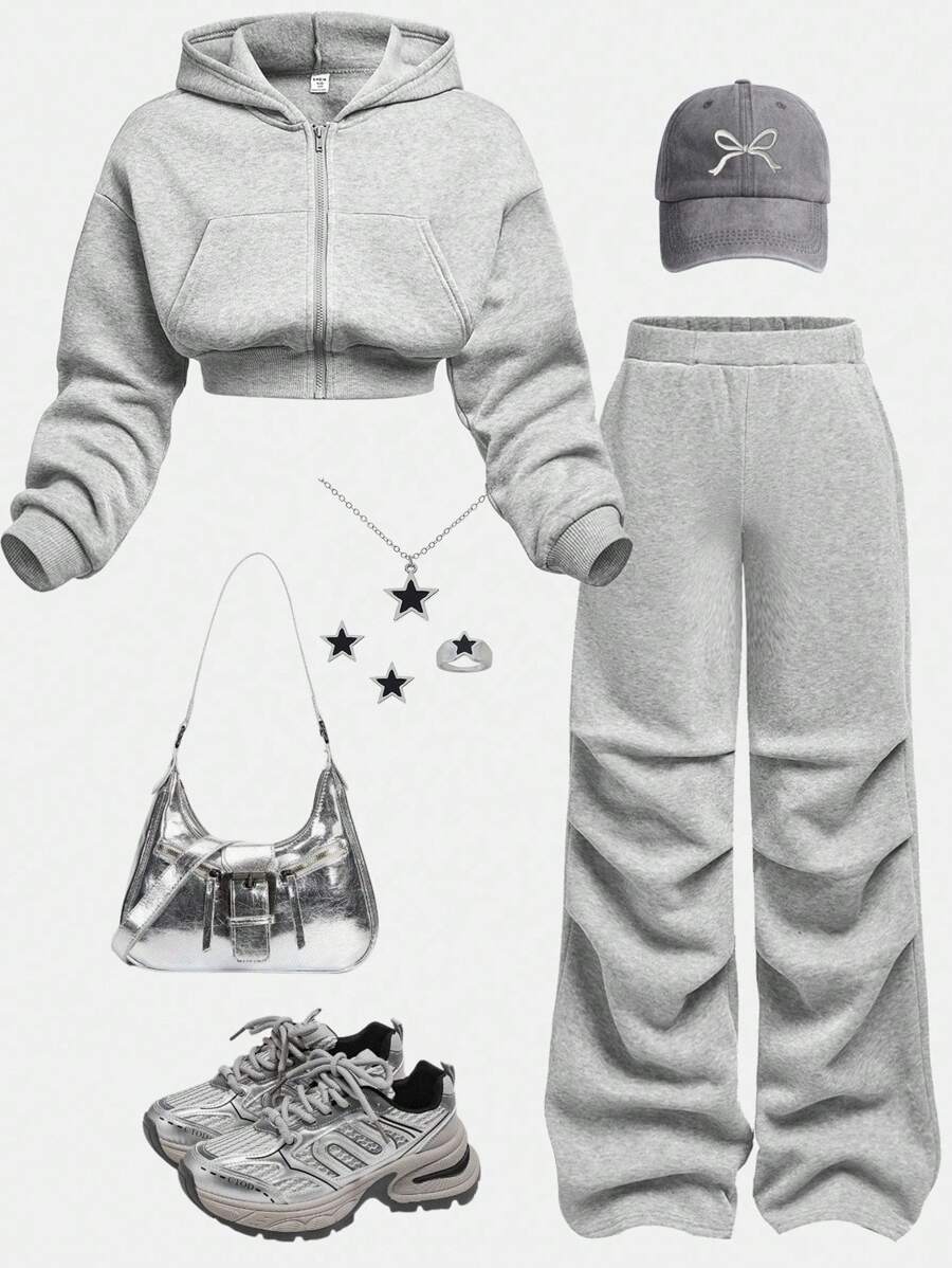 Girlism Teen Girls Casual Knit Hooded Sweatshirt & Sweatshirt Co-Ord Set/Autumn/Winter/Halloween,Glowmode,Fall,Halloween/Autumn/Christmas/Holiday/Festival/Winter - Grey - View 1