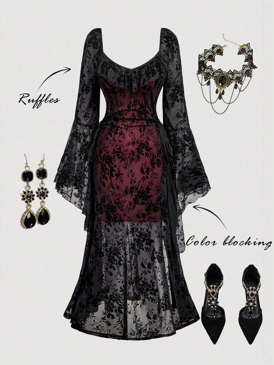 SHEIN MOD 大码红黑天鹅绒开衩中长连衣裙，秋冬女装，外向，文艺复兴，优雅，复古，女士服装，工作，商务休闲，生日装，早午餐，黑色长裙，晚礼服，情人节，哥特式长裙，复古长裙，喇叭袖 - 黑色 - 查看 1