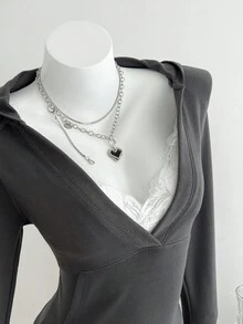 Elamini Áo hoodie chui đầu cổ chữ V sâu thường ngày cho nữ, áo nỉ dài tay tay raglan ôm sát - Xám - Xem 4