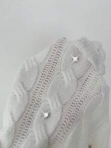 Elenzga Suéter corto ajustado, elegante y femenino con cuello redondo, parches de encaje, mangas largas, parches de encaje y adornos de rhinestone para mujer, nuevo para otoño/invierno - Blanco - Ver 7