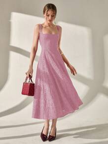 CLARA VERO Elegant Solid Color Hollow Embroidery Sleeveless Dress, Summer - Dusty Pink - View 5