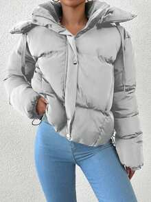 EURMUSE 女式纯色长袖拉链前抽绳连帽休闲冬季夹克 - 白色 - 查看 5