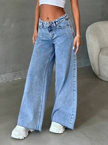 EURMUSE 100% Cotton Low Waist Raw Hem Snow Wash Wideleg Jean - Baby Blue - View 4