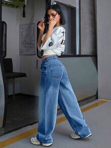 SHEIN Cottnline LOW WAIST DOUBLE POCKET BLUE JEANS WOMAN - Medium Wash - View 2