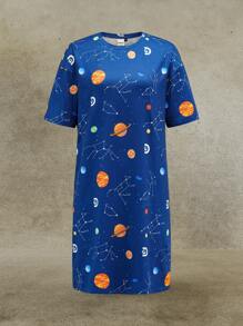 Discovery X SHEIN Women's Comfortable Star Print Round Neck Short Sleeve Nightgown, Summer - Navy Blue - View 1