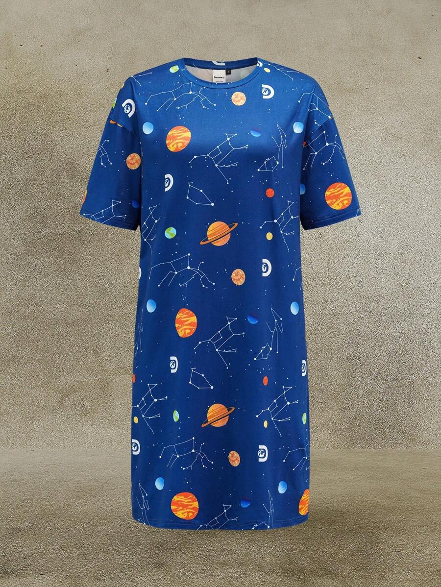 Discovery X SHEIN Women's Comfortable Star Print Round Neck Short Sleeve Nightgown, Summer - Navy Blue - View 1