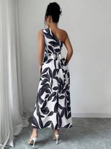 Selianne 女士优雅花卉印花单肩长裙，夏季 - 黑與白 - 查看 2