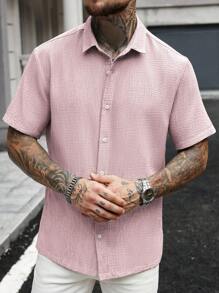 Manfinity CasualCool 白色仿亚麻领短袖衬衫亚麻男士衬衫男士衬衫纽扣玫瑰衬衫男士粉色亚麻衬衫男士杏色衬衫