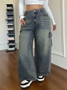 Dripcurv Plus Size Casual Loose Straight Leg Jeans, Blue Baggy Jeans Y2k Two Piece Denim Set Low Rise Jeans Cargo Jeans Wide Leg Jeans - Dark Wash - View 3