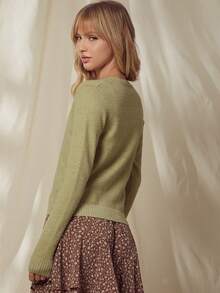 WESTFADE 夏季圆领纽扣前长袖开衫 - 綠色 - 查看 2