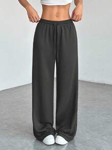 SHEIN PETITE Quần nỉ ống rộng dệt kim màu trơn thoải mái và giản dị dành cho nữ - Màu xám đen - Xem 6