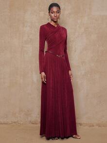 Lumalex VITNOS Autumn/Winter New Women's Elegant Burgundy Crossover Neck Glitter Chiffon Ruched Waist Design Metallic Leather Belt Decor Long Sleeve Fitted Flared Dress, Spring/Autumn Burgundy Long Sleeve Maxi Dress Wine Red Maxi Dress Red Long Sleeve Formal Dress Burgundy Formal Dress Long Red Elegant Dress Autumn Outfit, Suitable For Concerts, Dates, Weddings, Parties, Birthday, Night Out