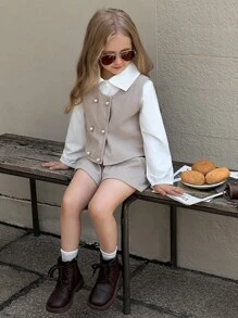 SHEIN Elladie kids 3件套女童长袖翻领休闲衬衫、精致珍珠纽扣背心外套、短裤套装，现代风格儿童服装，春秋冬装 - 卡其色 - 查看 6