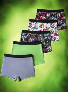 TEENAGE MUTANT NINJA TURTLES | SHEIN 5pcs Tween Boy Black & Green Cool Boy Soft & Comfy Cute Cartoon Turtle Printed Underwear,Basic Casual Briefs - Multicolor - View 2