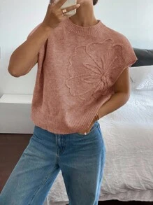 Siren Gaze Women's Floral Pattern Round Neck Short Sleeve Casual Knit Top,Knitted Sweater - Dusty Pink - View 4