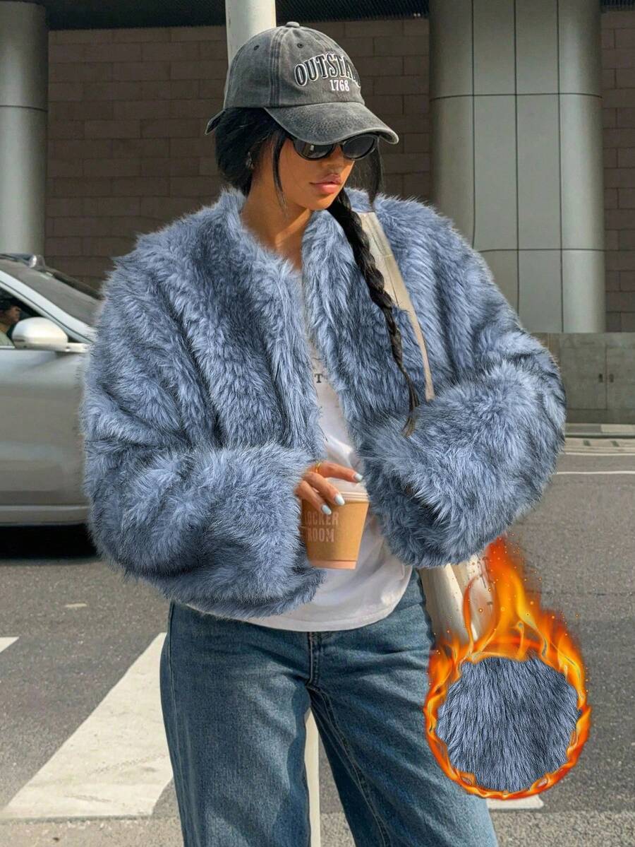 Muchica 秋冬女士蓝色长袖休闲蓬松仿皮草夹克 - 藍色 - 查看 1