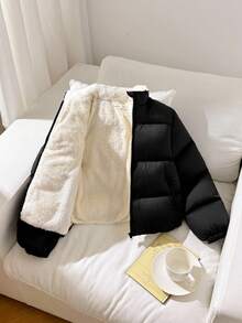 SHEIN 少女简约舒适时尚宽松短款立领羽绒服，拉链设计，简约时尚休闲，加厚设计，适合秋冬季节穿着。 - 黑色 - 查看 3