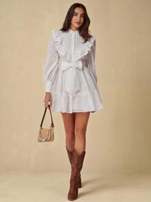 Enchnt 女士优雅纯色镂空刺绣荷叶边下摆度假连衣裙 - 白色 - 查看 1