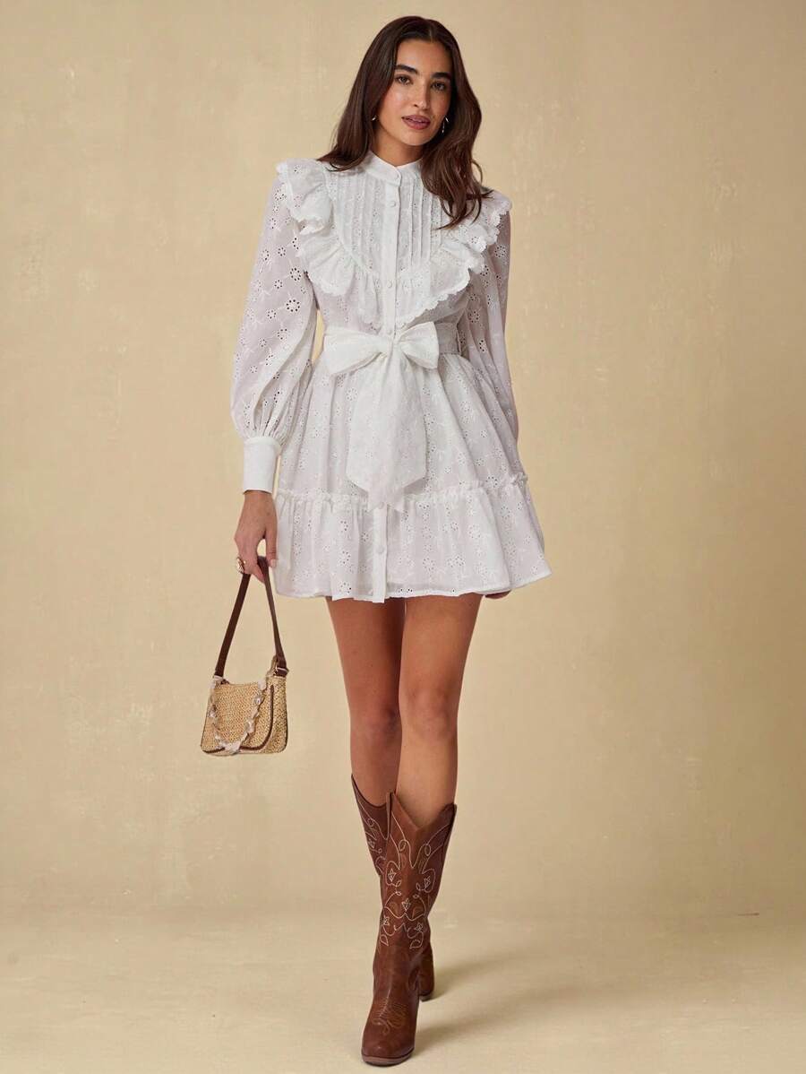 Enchnt 女士优雅纯色镂空刺绣荷叶边下摆度假连衣裙 - 白色 - 查看 1