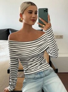 Livesso Women's Off Shoulder Striped Long Sleeve T-Shirt, Summer Fall Tops - Black and White - View 5