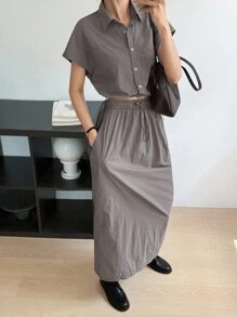 DAZY 女士商务休闲短袖衬衫半裙两件套，秋季款 - 灰色 - 查看 6