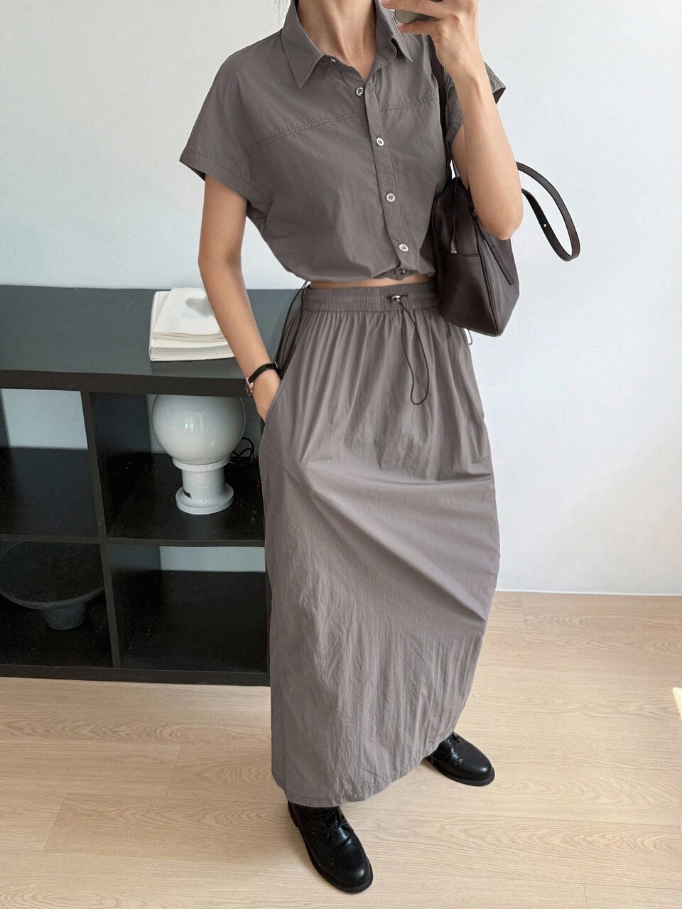 2pcs Women's Business Casual Short Sleeve Button-Up Shirt And Skirt Set, Autumn Lounge Sets For Women
