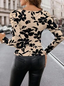 SHEIN Clasi 加大码杏色底黑色方领长袖印花女式T恤 秋季优雅上衣 - 彩色 - 查看 2