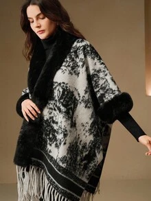 Anewsta Women's New Oriental Aesthetic Ink Painting Tassel Shawl, Suitable For Autumn, Fall, Winter, Going Out, Elegant, Formal, Party, Chic, New Year, Women's Winter Coat, Christmas, Work, Graduation, Wedding