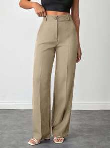 EURMUSE Women Solid Color Slant Pocket Wide Leg Pants - Beige - View 3