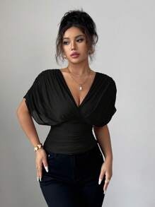 Elenzga Women's Spring/Summer Mesh Elastic Knit Lining Elegant Vacation Beach Commute Casual French Romantic Criss-Cross Shirred Gathered Shoulder Sleeve Waist Ruched Drawstring Ruffle Hem T-Shirt - Black - View 4