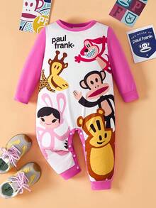Paul Frank X SHEIN Bộ đồ liền thân dài tay dài cổ tròn in hình khỉ hoạt hình dễ thương cho bé trai màu hồng thoải mái - Hồng - Xem 1