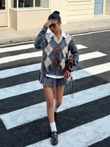 Muchica Áo len chui đầu cổ chữ V tua rua kim cương cho nữ mùa thu trở lại trường - Xám - Xem 5