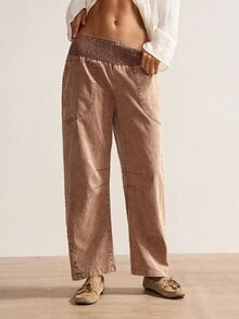 Bohemela 女士休闲纯色梭织宽松低腰裤，秋冬波西米亚风 - 棕色 - 查看 2