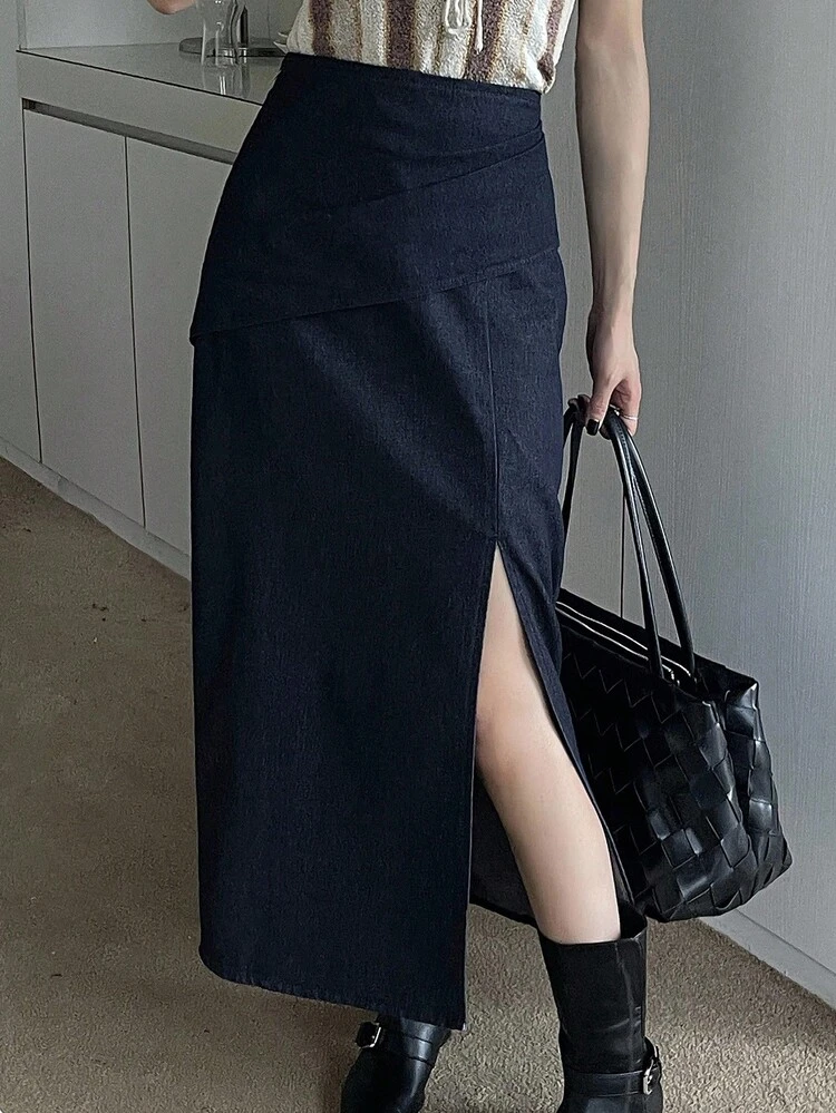 Women's Elegant Wrap-Around Straight Denim Skirt With Slit And Pleats