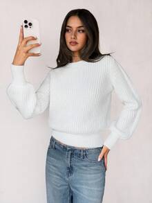 SHEIN Tall Suéter casual de mujer de unicolor con mangas farol, suéter acanalado blanco para otoño/invierno - Blanco - Ver 3