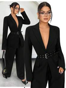 SHEIN SXY Plus Size Women's Black Business Double-Breasted Casual Blazer, Autumn/Winter - Black - View 1