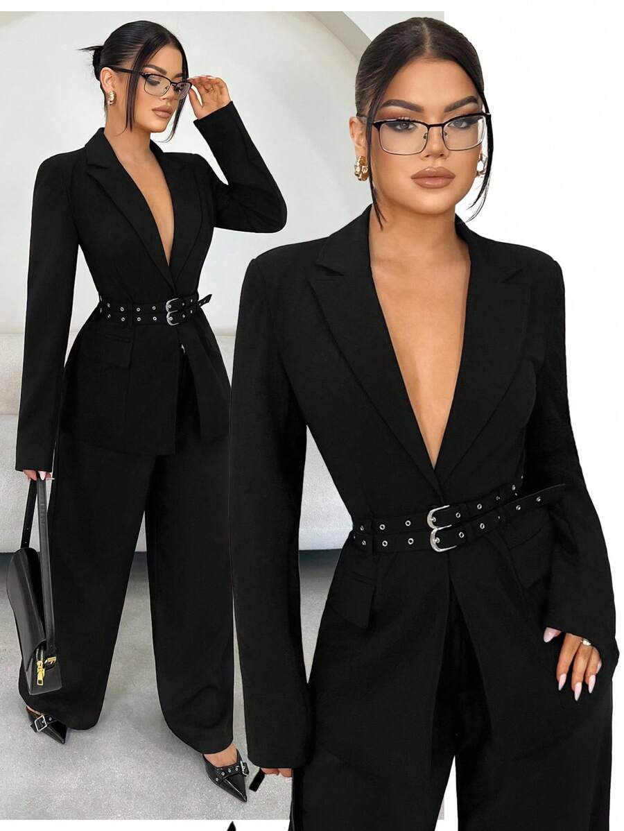 SHEIN SXY Plus Size Women's Black Business Double-Breasted Casual Blazer, Autumn/Winter - Black - View 1