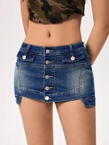 SHEIN EZwear Shorts vaqueros casuales de moda para mujer con parches asimétricos - Azul lavado oscuro - Ver 4