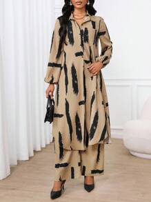 SHEIN Lady 春夏秋冬休闲优雅工作彩色梭织衬衫领主教袖口袋长袖套装度假两件套教堂服装女士办公室服装女士夏季服装，2 件夏季服装 - 彩色 - 查看 3