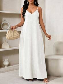 SHEIN Lady 2025 新款白色女士波西米亚风露背女士宽松长裙女士连衣裙宽松露肩生日和活动礼服/节日礼服度假服装女士波西米亚风/波西米亚风女士服装吊带上衣非洲女士服装女士连衣裙夏季热带女士连衣裙新品女士连衣裙沙滩裙复活节连衣裙/复活节女士连衣裙/复活节服装女士白色长裙 - 白色 - 查看 3