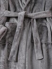 Teen Boys Plush Dinosaur Embroidery Design Hooded Robe With Belt, Long Sleeve Long Pajamas - Grey - View 4