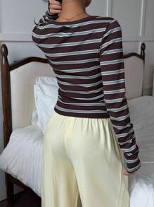 SHEIN EZwear 女式条纹休闲圆领长袖修身T恤 - 棕色 - 查看 2