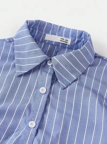 SHEIN 青少年女孩休闲复古优雅修身编织条纹褶皱 A 字形纽扣前抽绳腰部泡泡袖连衣裙，适合返校、居家、郊游、派对，蓝色 - 藍色 - 查看 4