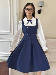 Navy Blue Long Sleeve Elegant Commuter Dress For Teenage Girls Fall Winter - Navy Blue - View 5