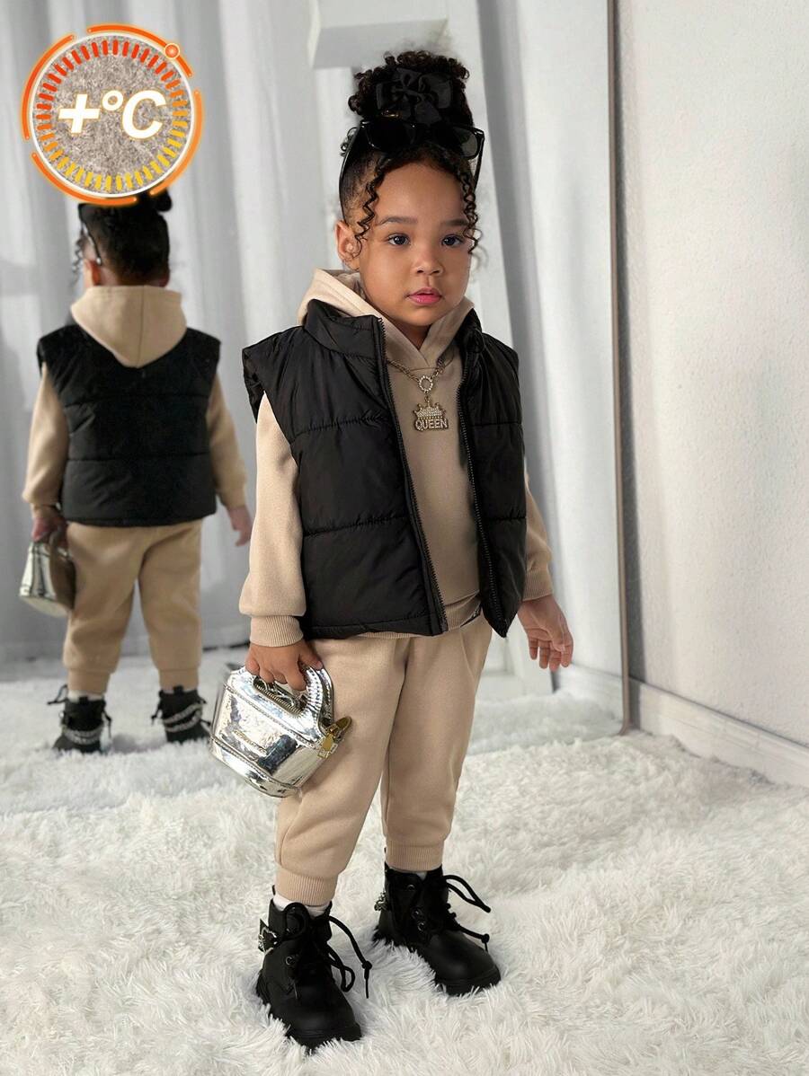 SHEIN Set de 3 piezas: Sudadera linda para bebé niña, chaqueta forrada térmica, otoño/invierno - Multicolor - Ver 1