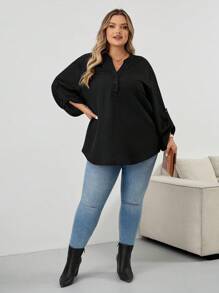 SHEIN CURVE+ Plus Size Textured Black Blouse: Button-Front, Roll-Tab Sleeve, Casual Top,Teacher Shirtsfall Clothes For Women,Winter,CURVE PLUS