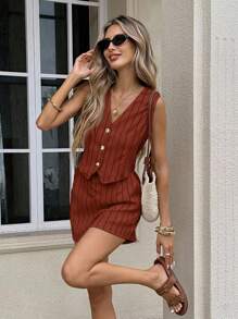 Serisse 女士秋冬条纹单排扣背心短裤套装