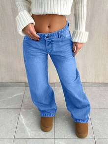 EURMUSE PETITE CASUAL LOW WAIST BAGGY LOOSE STRAIGHT LEG JEAN - Baby Blue - View 5