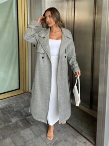 Chiquease Women's Long Gray Double-Faced Knitted Blend Coat With Metal Buttons And Tie Waist